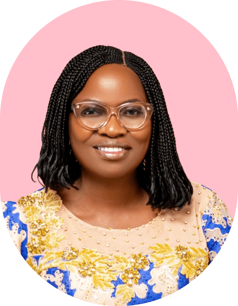 BioTrace Global team member in glasses and a gold embroidered top