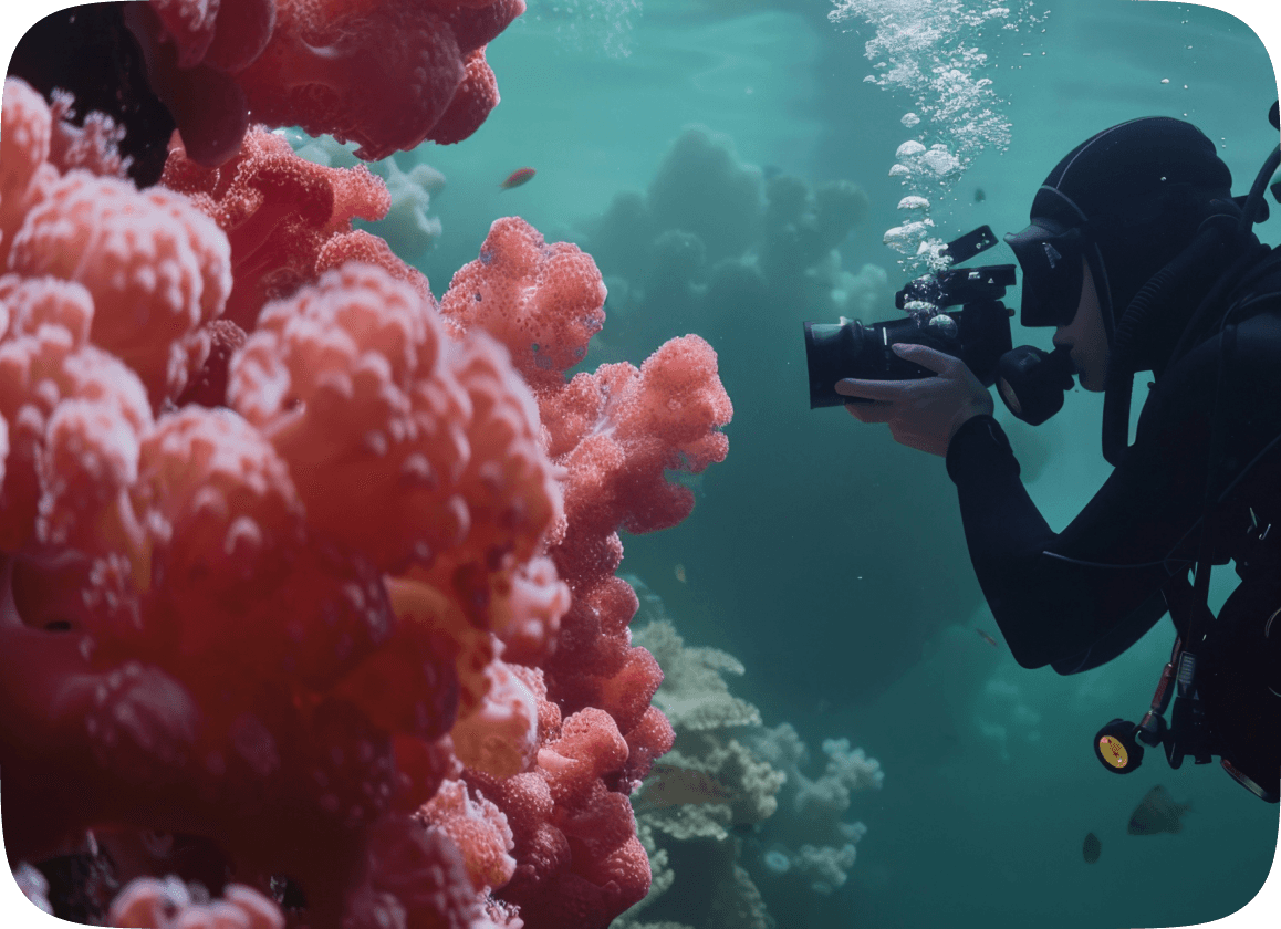 Diver photographing a pink soft coral reef underwater